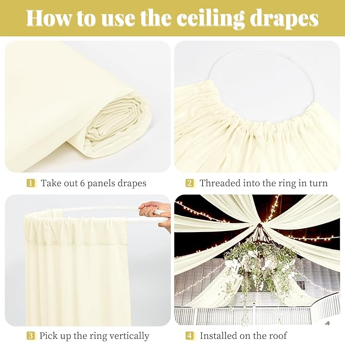 fani 6 Panels Ivory Wedding Ceiling Drapes 5ftx30ft Ceiling Drapes Chiffon - Image 3