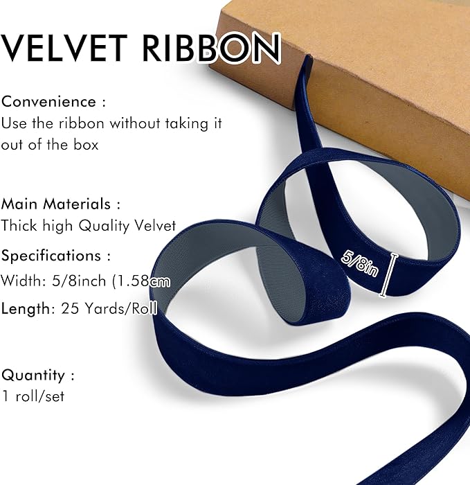 Navy Blue Velvet Ribbon 5/8'' 25 Yards - Image 2