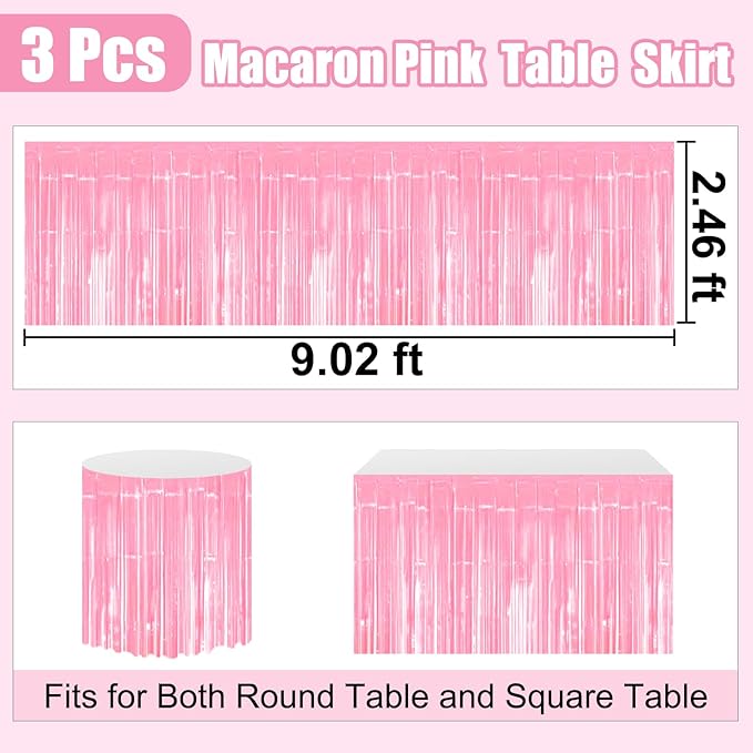 3 Pack 29 x108 Inch Macaron Pink Foil Fringe Table Skirts Metallic Banner - Image 2