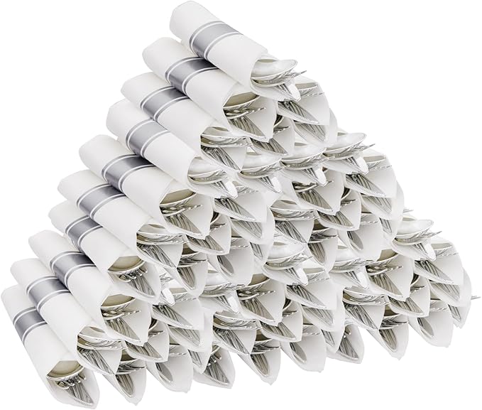 Supernal 60 Pack Pre-Rolled Silver Plastic Cutlery Heavy Duty Wrapped by supernal