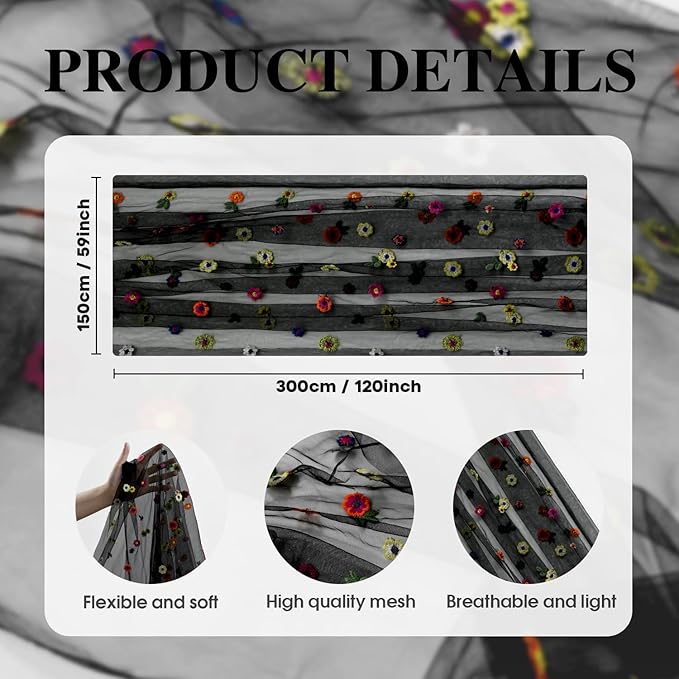 Artoid Mode Black Embroidery Daisy Gauze Table Runner 120 Inch 10FT, Seasonal - Image 7