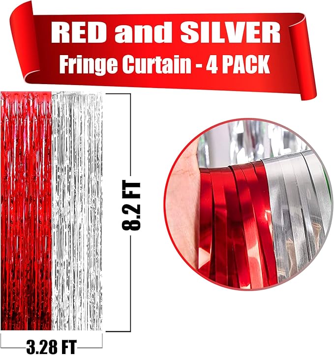4 Pack Silver Red Foil Fringe Curtain Backdrop, 3.28Ft x 8.2Ft Metallic Tinsel - Image 2