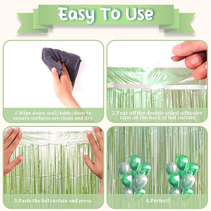 2 Pack Sage Green Foil Fringe Backdrop Curtains, Tinsel Streamers Party - Image 4