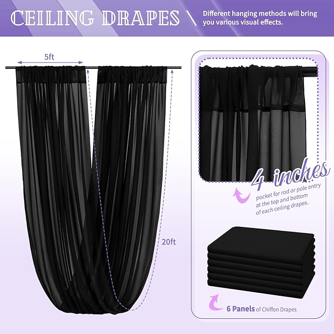 6 Panels Black Ceiling Drapes for Wedding 5ftx20ft Chiffon Fabric Arch Draping - Image 2