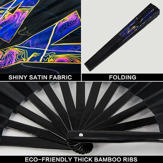 UV Glow Rave Fan, Bamboo Folding Clack Hand Fans Foldable - Image 3