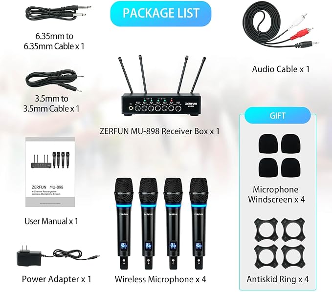 4 Channel Rechargeable Wireless Microphone System, Pro UHF Metal Handheld - Image 6
