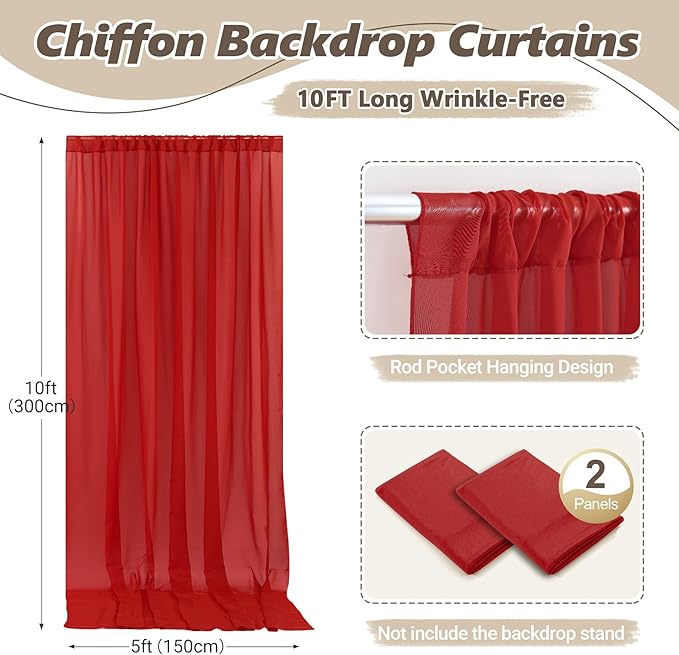 10ft x 10ft Red Backdrop Curtain Drapes, Wrinkle-Free Sheer Chiffon Fabric - Image 4