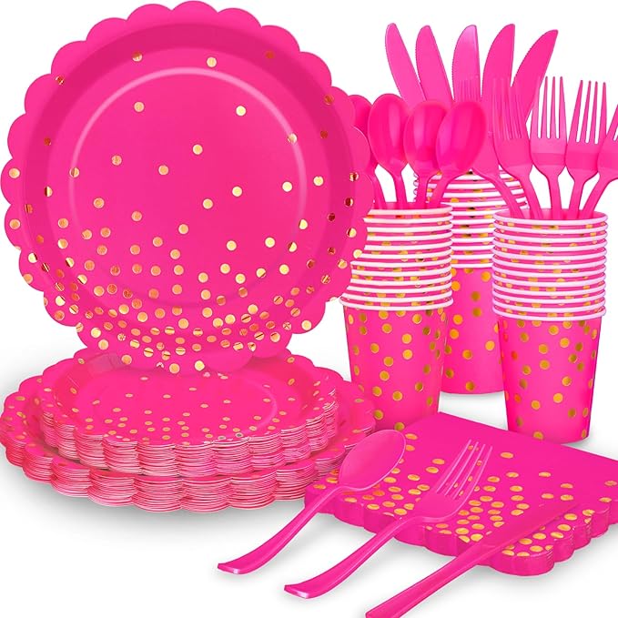 175Pcs Pink Party Supplies, Hot Pink Paper Plates and Napkins Include Scalloped by LOOWVY