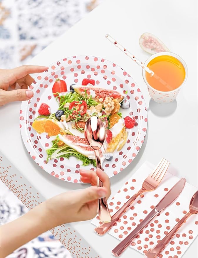141 Pieces Rose Gold Party Supplies, Party Dinnerware Sets Include Paper Plates - Image 4