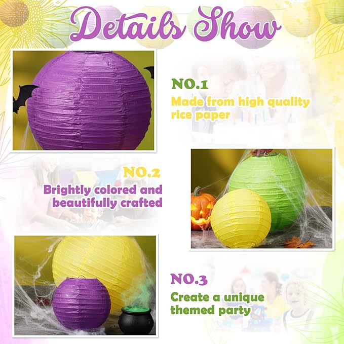 Riakrum 16 Pcs Yellow Green Purple Paper Lanterns Birthday Party Decorations - Image 6