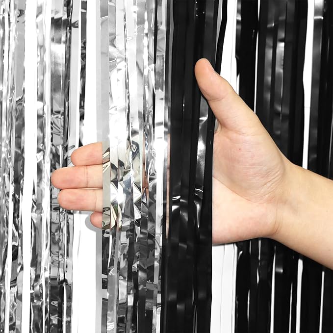 2 Pack Black and Silver Tinsel Foil Fringe Curtains, Metallic Tinsel Party - Image 2
