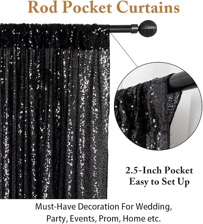 ShinyBeauty Sequin Curtains 2 Panels Black 2FTx8FT Sequin Photo Backdrop Black - Image 4