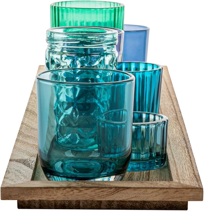 Creative Co-Op Wood Tray with 9 Blue & Green Glass Votive Holders - Image 7