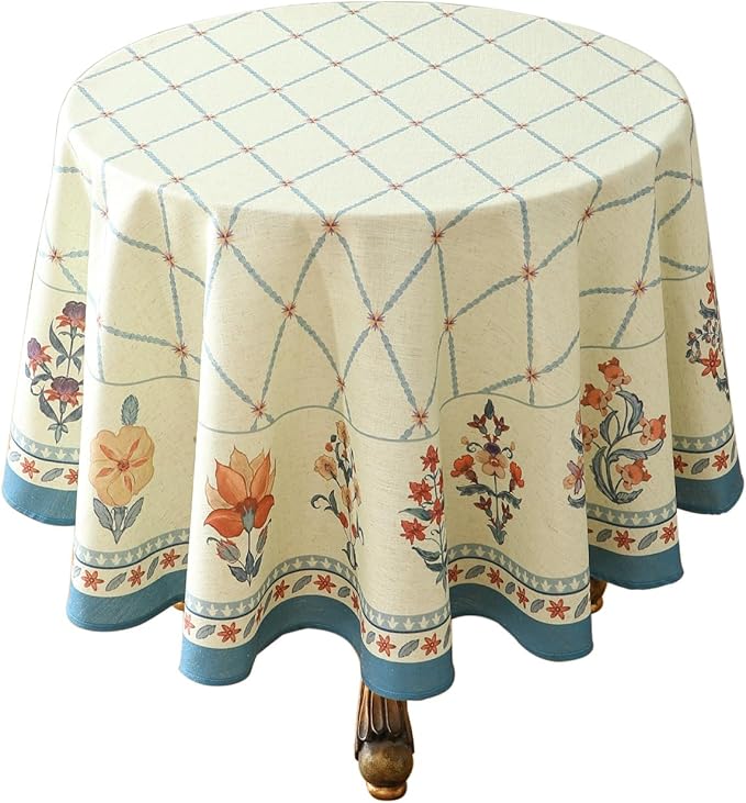 ISAENNE Designer Linen Floral Small Round Tablecloth, Light Green Farmhouse by Isaennehomedecoration
