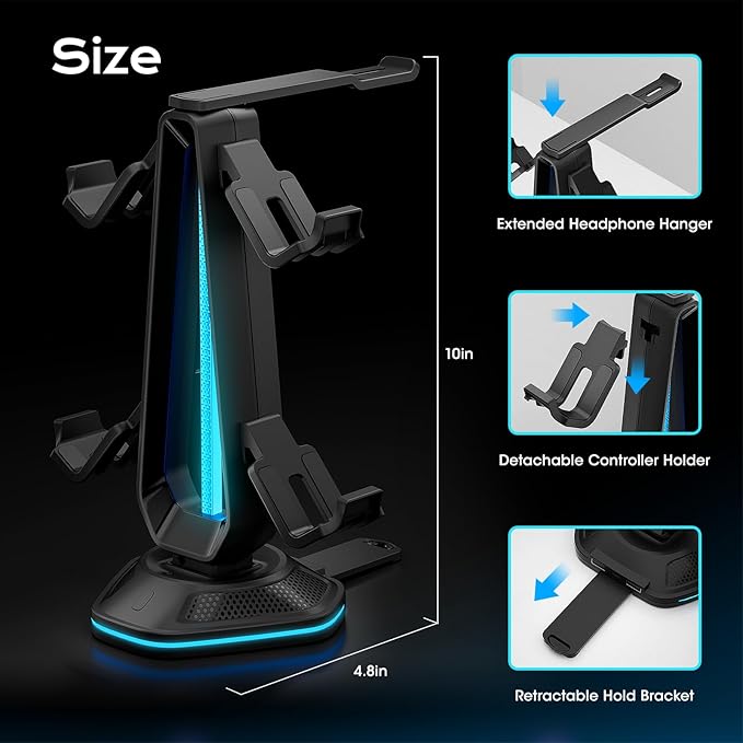 Saitake RGB Headset Stand with 9 Light Modes, Controller Holder - Image 2
