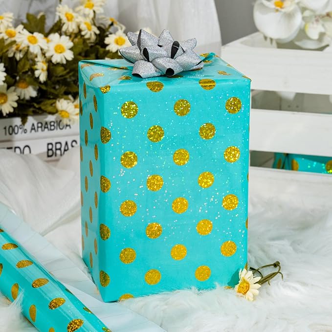 Burymento Blue Holographic Dots Wrapping Paper, Reversible Gold Gift Wrap - Image 3