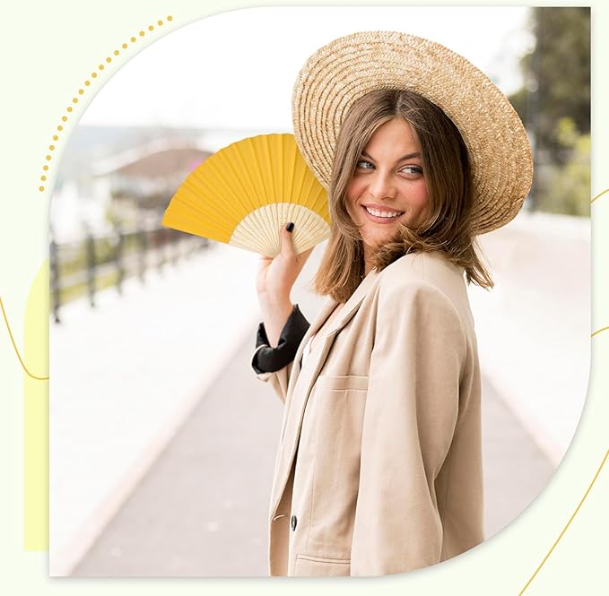 JOHOUSE 12 Pcs Foldable Hand Fan, 8.3 Inch Yellow Paper Fans - Image 5