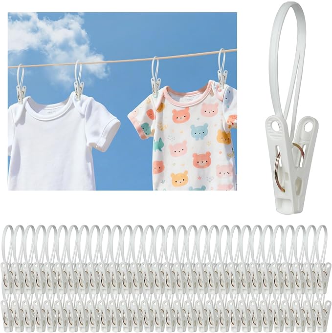 60 Pack Clothes Pins with Plastic Rope, Windproof Plastic Clothespins by Unknown
