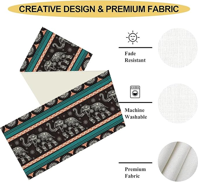 Boho Elephant Table Runner, Vintage Tribal Traditional Bohemian African Animals - Image 4