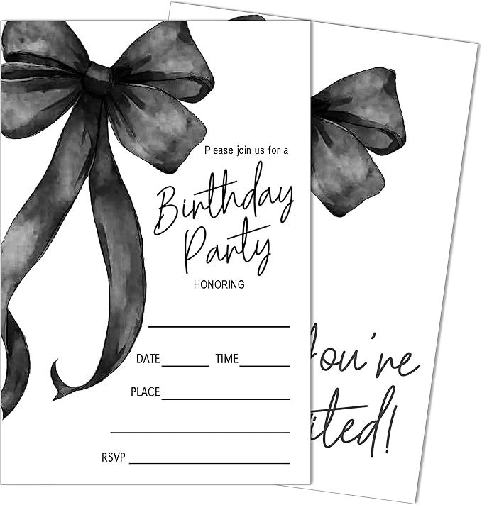 SIXEIGHT Black Bow Birthday Invitations, 20 Party Invitations by SIXEIGHT