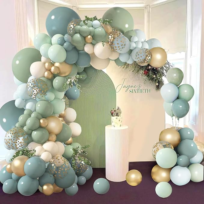 Dusty Blue Sage Green Balloon Arch Kit, Pastel Blue Green Sand White Gold - Image 4