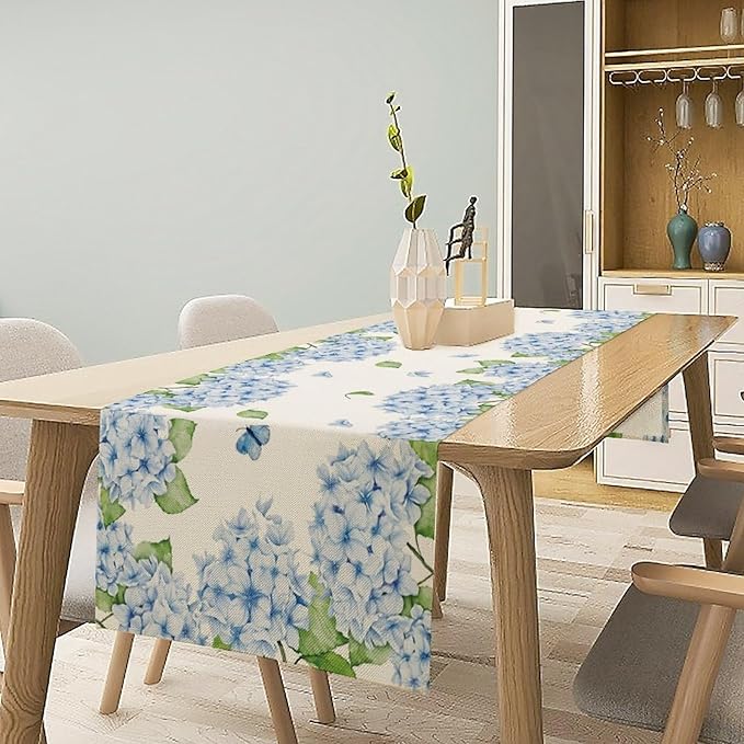Watercolor Hydrangea Flower Table Runner, Spring Summer Seasonal Plants - Image 2