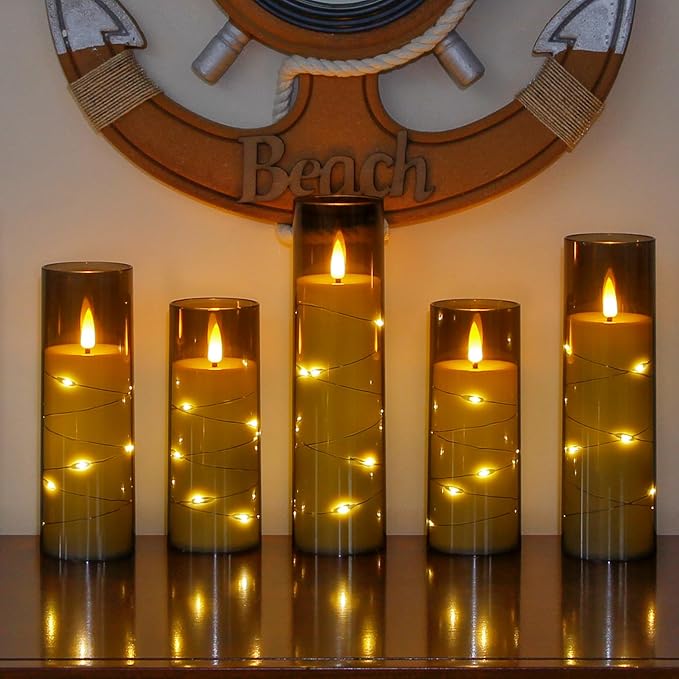 Grey Flameless Candles with Remote and String Light, 2.2"x 5" - Image 5