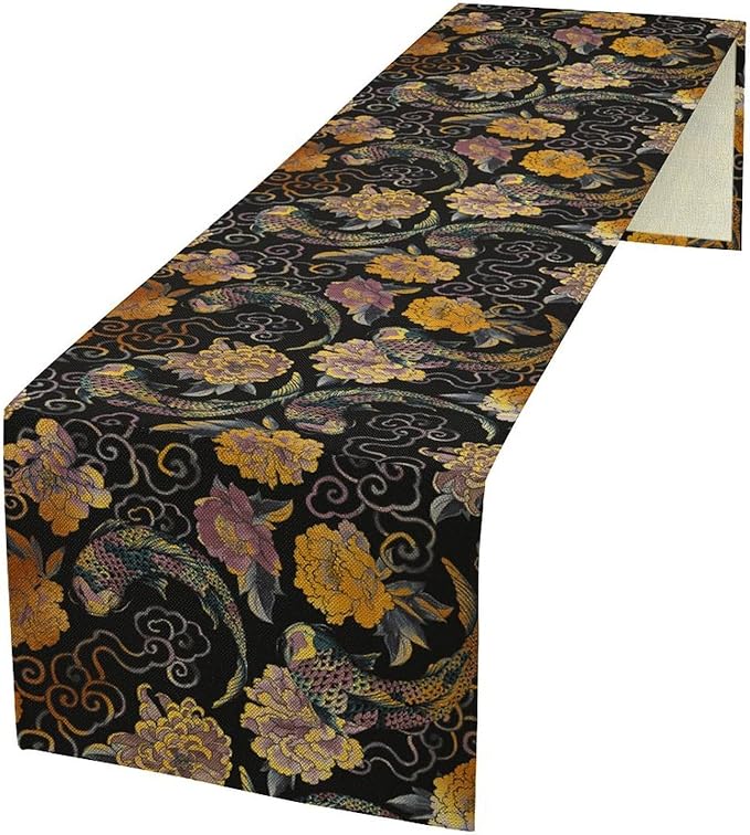 Japanese Table Runner Retro Flowers Oriental Tradition Kio Fish Art Printed by YSWOW