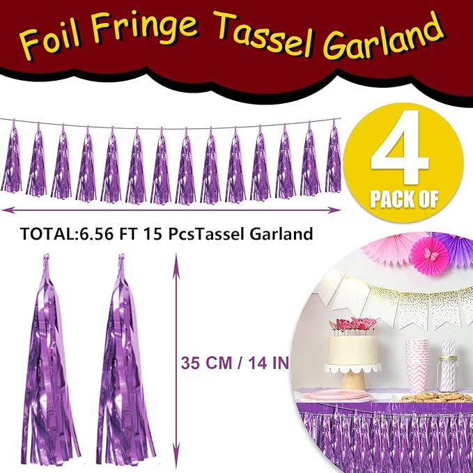 4P Light Purple Foil Fringe Tassel Banner Garland Metallic Tinsel Streamers - Image 2