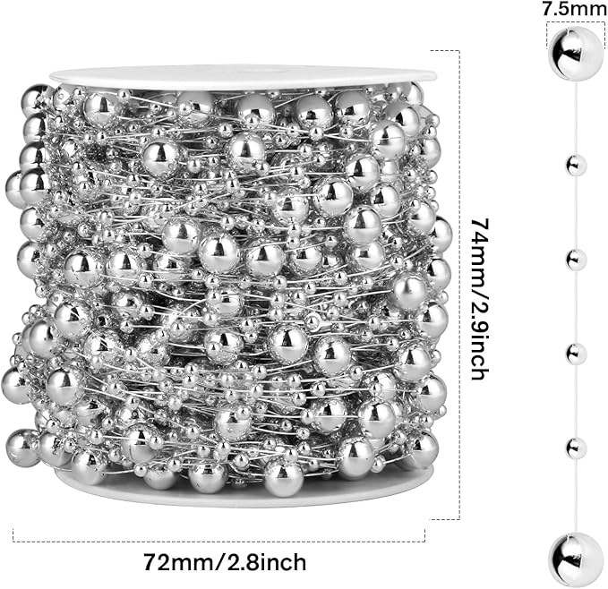 98FT Pearl Beads String Garland, 8mm 3mm Silver Faux Pearl Beads Roll Strand - Image 3
