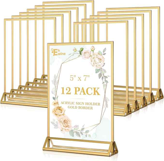 EHWINE 12 Pack Acrylic Sign Holder 5 x 7, Double Sided Gold Picture Frame Stand by EHWINE