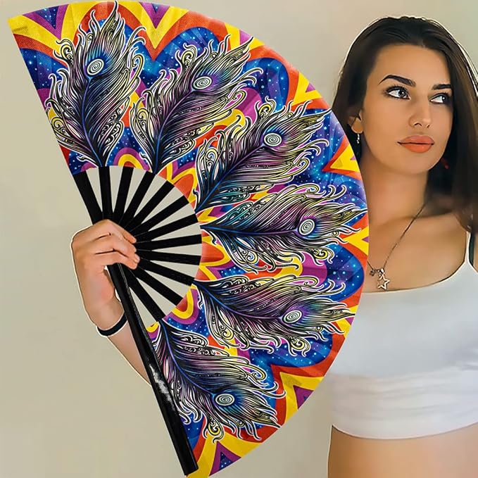13" Large Rave Fan Bamboo, Folding Clack Hand Fans Foldable - Image 6