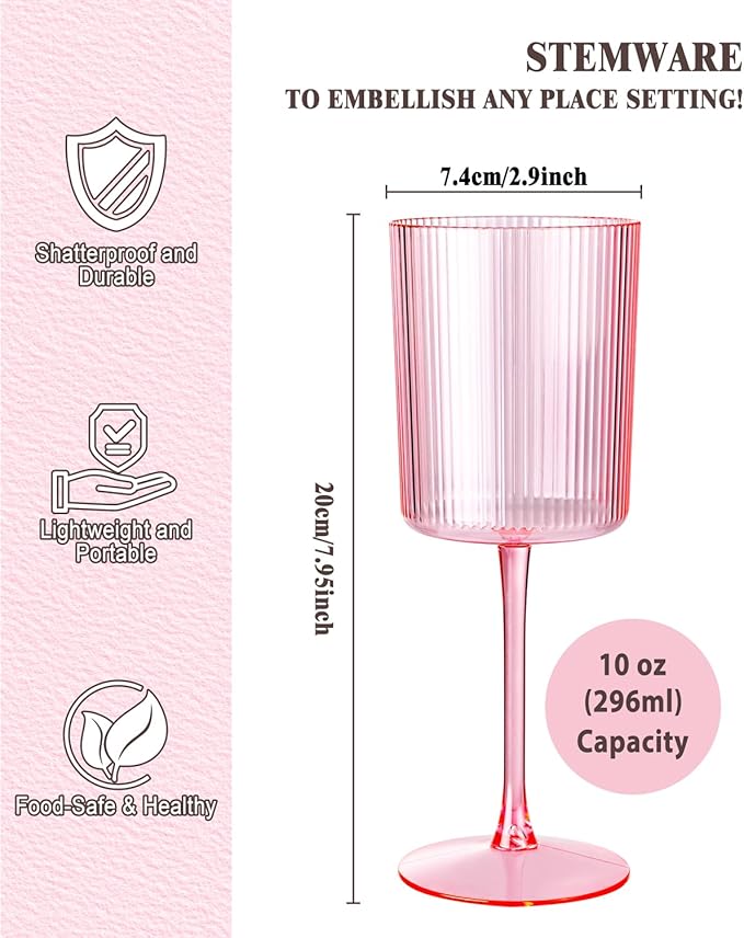 Ciaell 12 PCS Pink Plastic Ribbed Wine Glasses - 10 OZ Plastic Square Wine - Image 2
