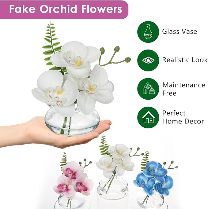 White Orchids Artificial Flowers Faux Orchids Arrangement in Clear Glass Vases - Image 2