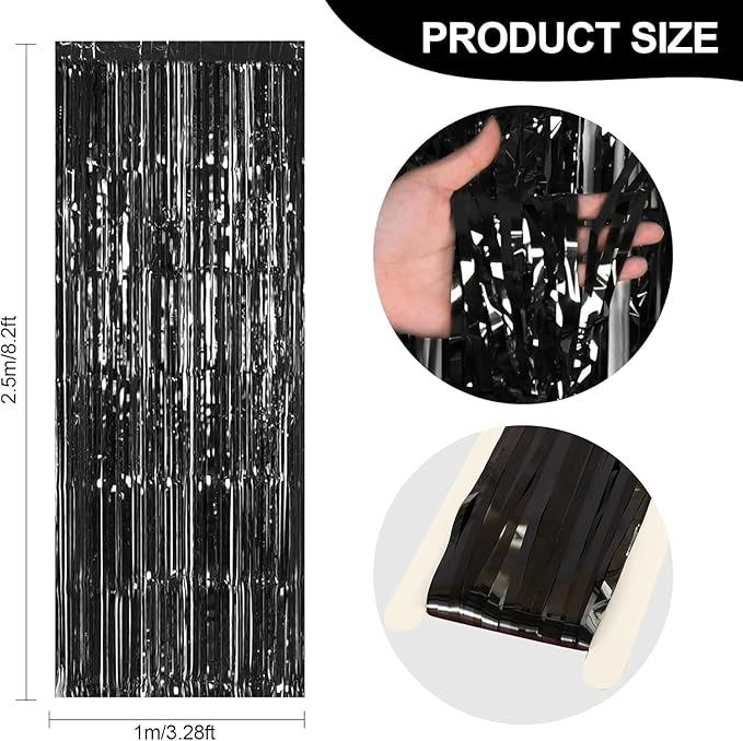 24 Pack Halloween Black Metallic Foil Fringe Curtains, 3.2ft x 8.2ft Foil - Image 2