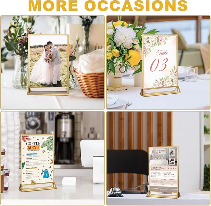EHWINE 16 Pack Acrylic Sign Holder 8.5 x 11, Double Sided Gold Picture Frame - Image 6