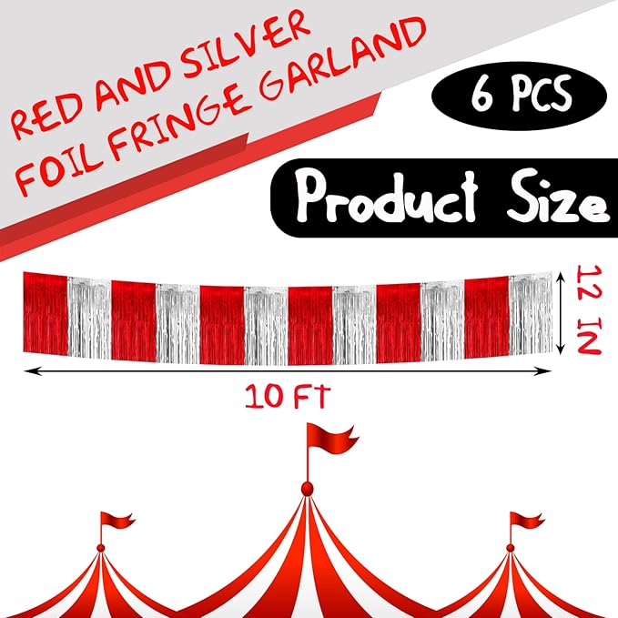 6 Pack 10 Feet Red Silver Foil Fringe Garland Metallic Tinsel Streamers Banner - Image 2