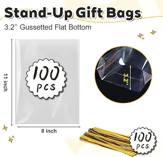 PigPotParty Cellophane Bags 8"x11", 100 Pack Clear Gift Bags, 3.15" Bottom - Image 2