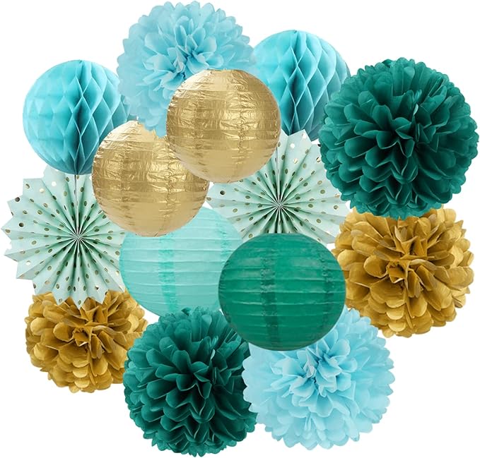 Sage-Green Teal-Blue Party-Decorations Streamers Lanterns by OURUOLA