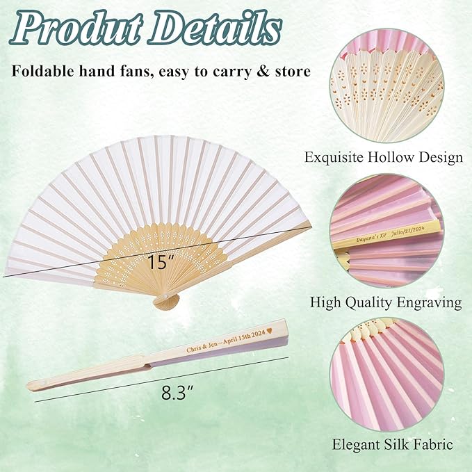 25 Sets Personalized Pink Hand Fans, Custom Engraved Folding Fans - Image 5
