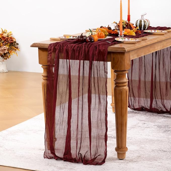 Burgundy Red Cheesecloth Table Runner Fall Table Runner Boho Gauze 120 Inches - Image 3