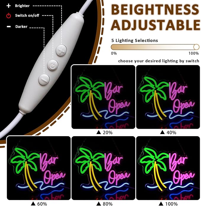 Bar Open Sign for Business, Neon Open Sign, USB Dimmable Palm Tree Neon Lights - Image 3