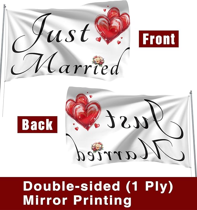 Just Married Flag Banner Outdoor Indoor Decoration Flag 3x5 FT Double Stitched - Image 3