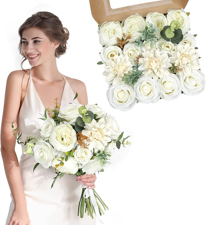 AmyHomie Ivory Artificial Flowers Combo Silk Mix Peony Rose Hydrangea Fake - Image 7