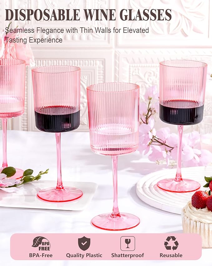 Ciaell 12 PCS Pink Plastic Ribbed Wine Glasses - 10 OZ Plastic Square Wine - Image 7