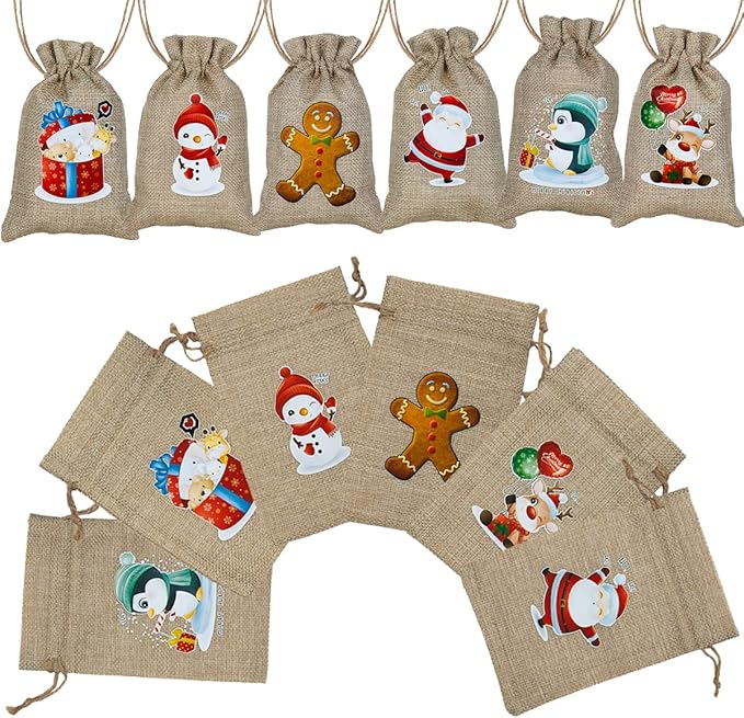 ARTLYMERS 24 Pack Christmas Jute Burlap Bags, Christmas Drawstring Gift Bags - Image 5