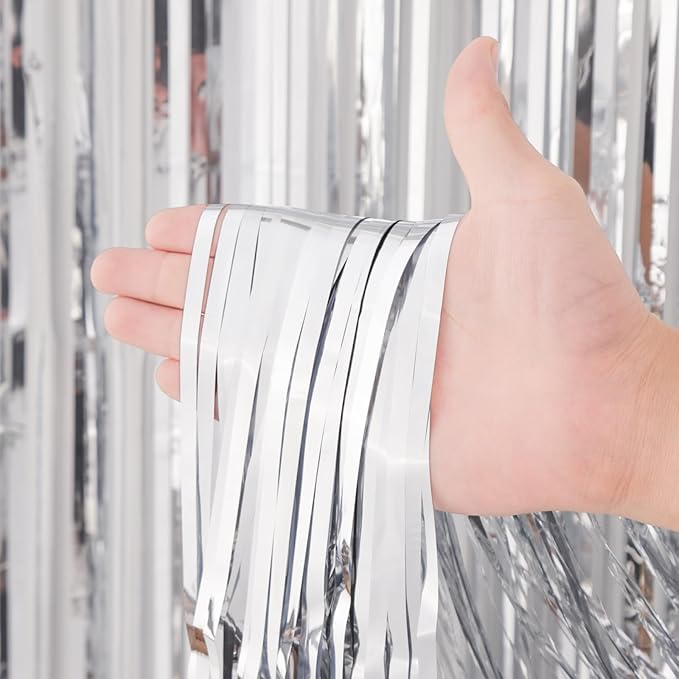2 Pack Silver Tinsel Foil Fringe Curtains, Metallic Tinsel Party Streamers - Image 2