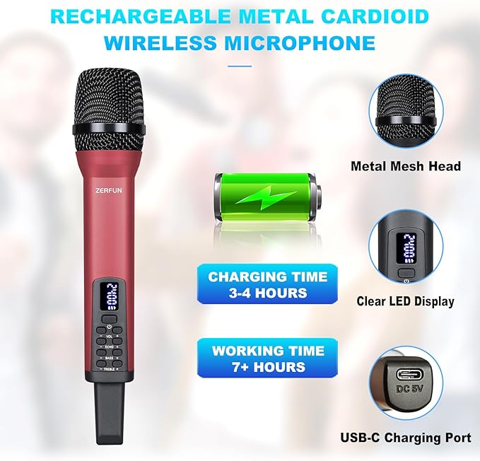 Rechargeable Wireless Microphone, Pro Handheld Cordless Mics System Dynamic - Image 4