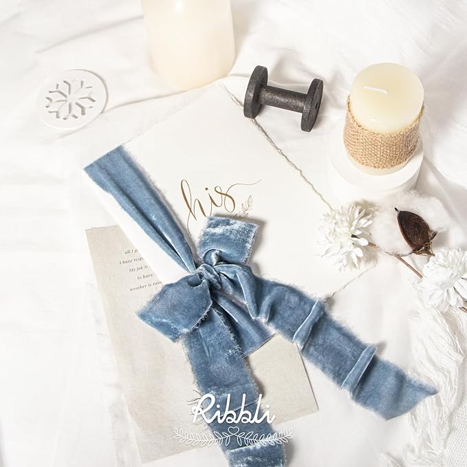 Ribbli Dusty Blue Velvet Ribbon 1.5 Inch Handmade Frayed Vintage Christmas - Image 3
