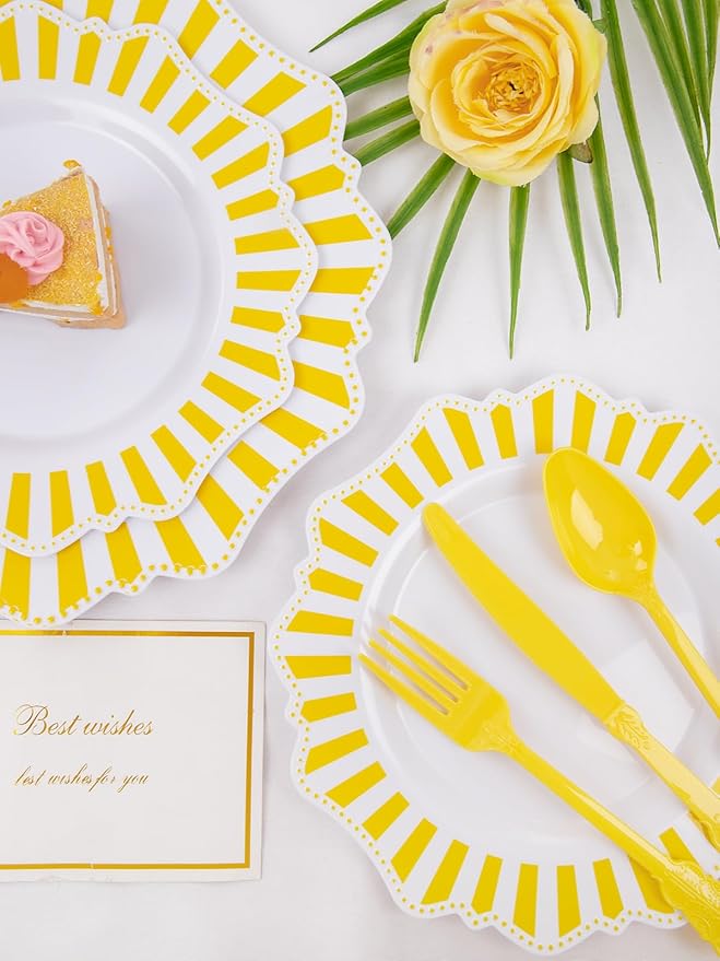 COLOSUS 150pcs Disposable White Lemon Yellow Striped Plastic Party Plates and - Image 6